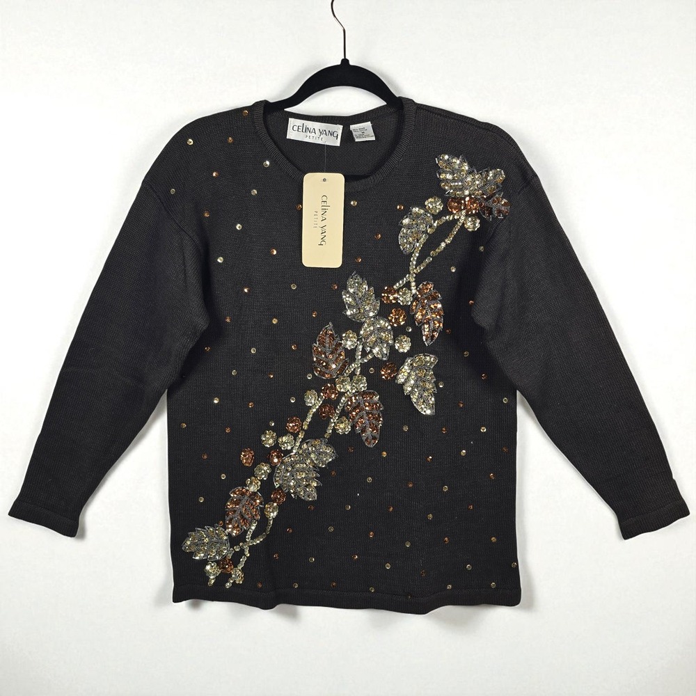 Vintage Celina Yang Petite Embellished Sweater Brown Beaded Sequin Fall Theme‎
